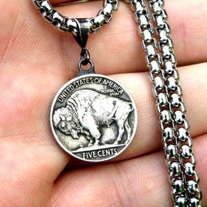Authentic Buffalo Indian Nickel coin FULL HORN pendant men necklace 925 sterling silver bail stainless steel 4 mm box chain nice gift