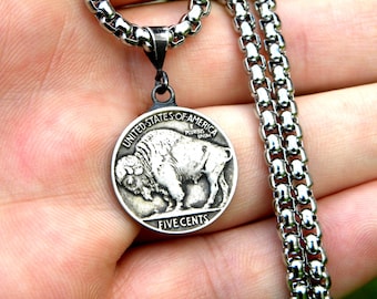 Authentic Buffalo Nickel Pendant Necklace: Sterling Silver Bail, Stainless Steel Chain