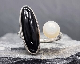 Dual Ring, Statement Ring, Onyx And Pearl Open Ring, Black & White Open Ring, Cocktail Ring, Handmade Sterling Silver Ring, US 8~9