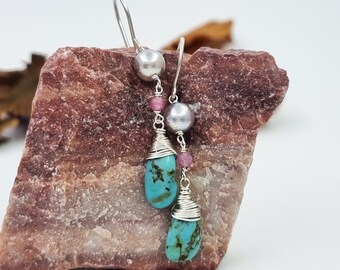 Turquoise Earrings, Dangle earrings, Silver Earrings, Gray Pearl Earrings, Drop Earrings, Gray Pearl, Pink Tourmaline Earrings