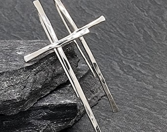 Cross Dangle Earrings, Sterling Silver Earrings,  Hammered Cross Earrings,  Large Crosses, Silver Hook Earrings, Cross Jewelry, Christian