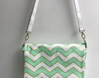 The Mint:  A Messenger Purse with a mint, gold and white chevron print.