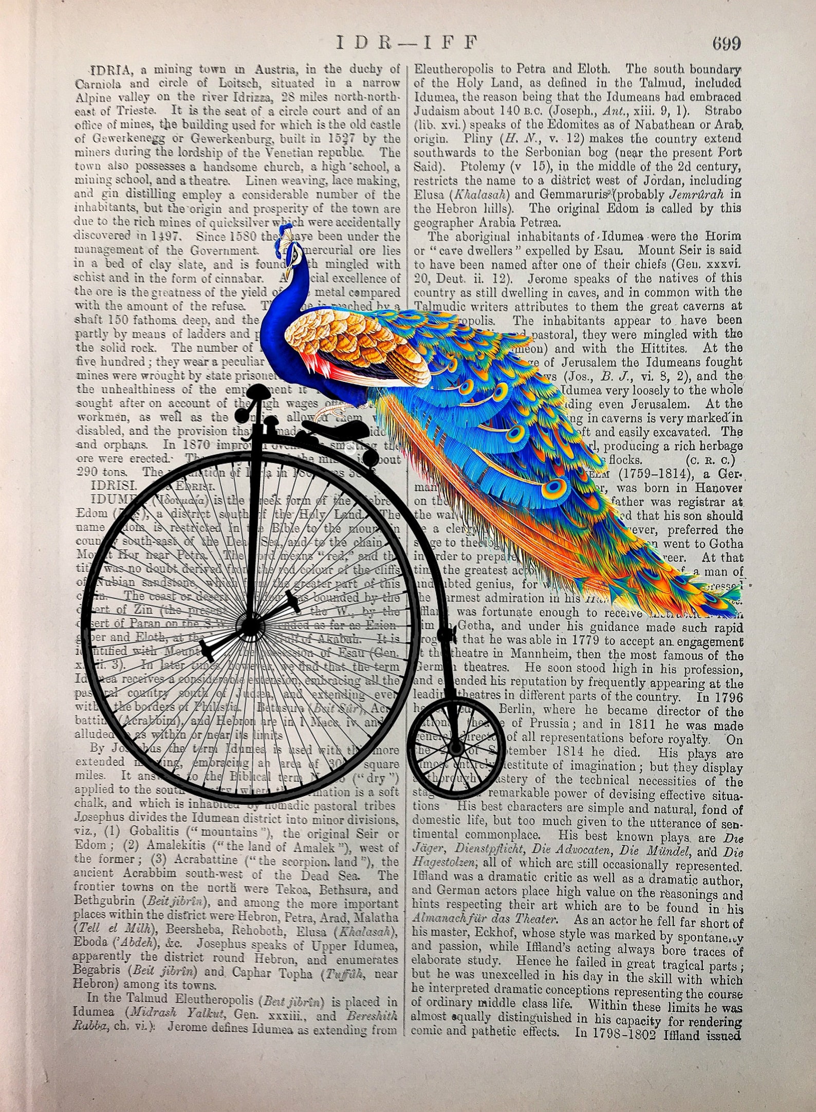 Peacock Riding Bike Printed On Antique Encyclopedia Page Etsy