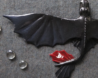 Hand-Painted Toothless Dragon Wall Mount: Iridescent Black Resin Sculpture