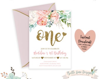 DIGITAL Girl’s First Birthday Party Invitation, One with Heart, Floral Pink Party DIY at Home Printable 1st Bday Invite Template Download