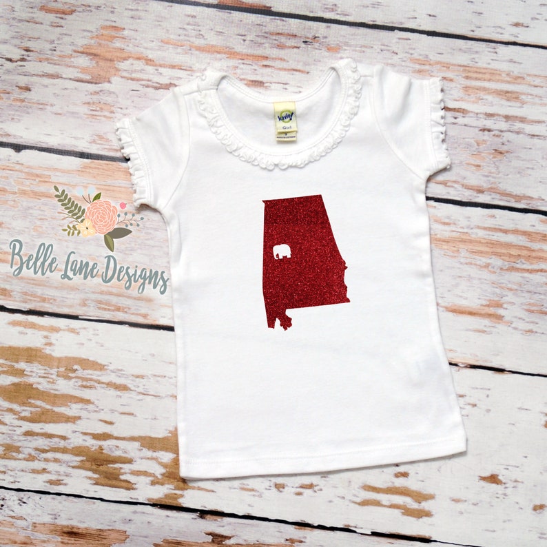 082 Alabama Bama Baby Ruffle Tshirt with State and Elephant Alabama Football Shirt Roll Tide Roll Shirt Baby Baby Bama Outfit