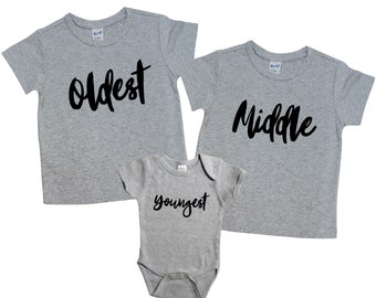 Pregnancy Announcment Sibling Shirt Set TShirt and Body Suit, Big Sister Shirt, Big Brother Shirt, New Baby Body Suit, Oldest Middle 450