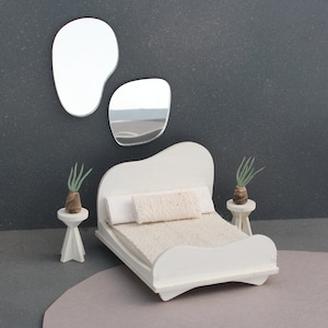 1:24 scale Cloud City Bed Set - Including 1 Curvy Bedframe, 2 Side Tables, 2 Freeform Mirrors - Modern Dollhouse Furniture kit