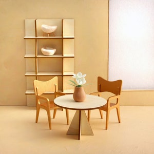 1:12 scale Cloud City Dining Set Including 1 Round Table, 2 Dining Chairs, 1 Curved Shelving Unit - Modern Dollhouse Furniture kit