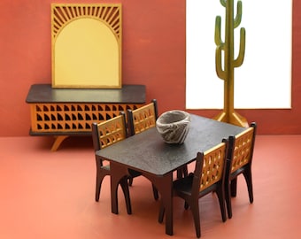1:12 scale Desert Modern Dining Room Set Including 1 Table, 4 Chairs, 1 Credenza, 1 Cactus Coatrack, 1 Sun Mirror - Dollhouse Furniture kit