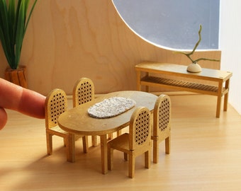 1:24 scale Cane Dining Room Set including 1 Table, 4 Chairs and 1 Buffet - Modern Dollhouse Furniture kit
