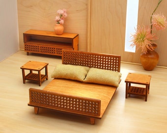 1:16 scale Cane Bedroom Set - Modern Dollhouse Furniture kit