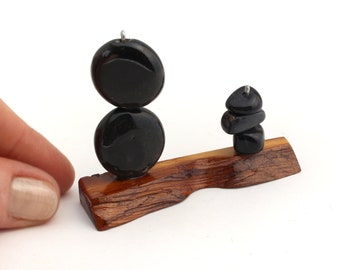 Black Sculpture Pair on Juniper - Miniature Modernist Home Decor