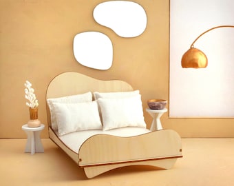 1:12 scale Cloud City Bed Set Including 1 Curvy Bedframe, 2 Side Tables, 2 Freeform Mirrors - Modern Dollhouse Furniture kit