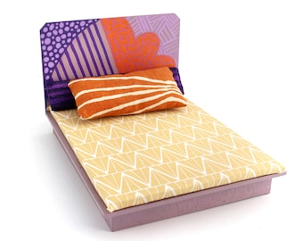 Purple Stripe / Coral Cloud Bed + Bedding - STUDIO PEEL Collection - 1:12 scale Modern Furniture