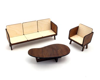 1:12 scale - Solid Walnut LOUNGE Living Room Set - Assembled Modern Dollhouse Furniture