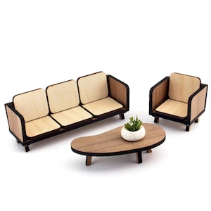 1:24 scale - Solid Walnut LOUNGE Living Room Set - Assembled Modern Dollhouse Furniture