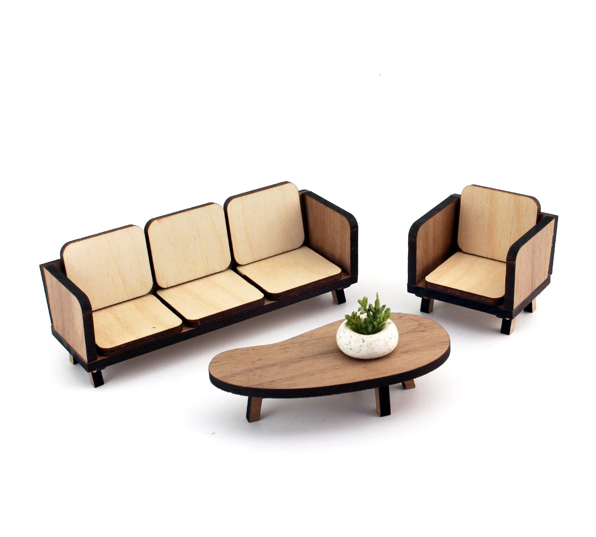 Solid Walnut 1:24 scale LOUNGE Living Room Set - Modern Dollhouse Furniture Kit
