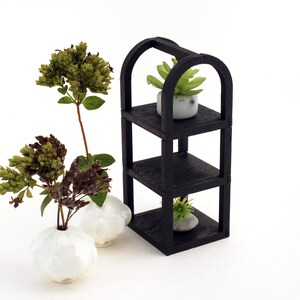 May include: A black wooden shelf unit with three shelves, each holding a small potted plant. The plants are green and the pots are white. The shelf unit is on a white background.