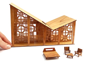 Fjärilsdockhus i körsbärsträ i skala 1:48 – Miniatyrmodernt fjärilshus + möbler