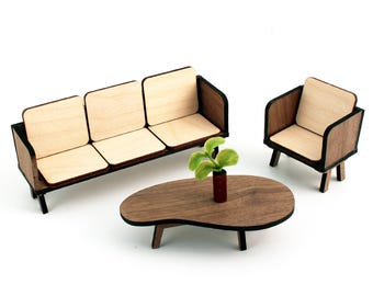 1:16 Scale Solid Walnut Modern Lounge Living Room Furniture - Dollhouse Miniature Set (Buy Set or Individual)