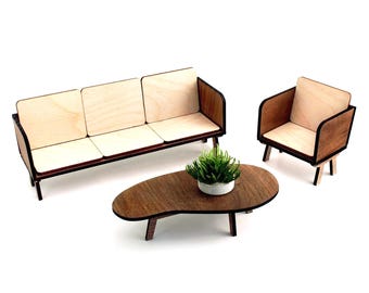 1:12 Scale Solid Walnut Modern Lounge Living Room Furniture - Dollhouse Miniature Set (Buy Set or Individual)