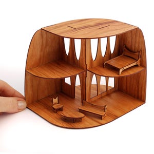 1:48 scale MINI ARC Dollhouse in Solid Cherry - An Original Miniature Modern Dollhouse + Furniture Kit