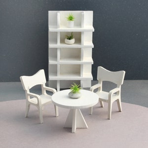 1:24 scale Cloud City Dining Set - Including 1 Round Table, 2 Dining Chairs, 1 Curved Shelving Unit - Modern Dollhouse Furniture kit