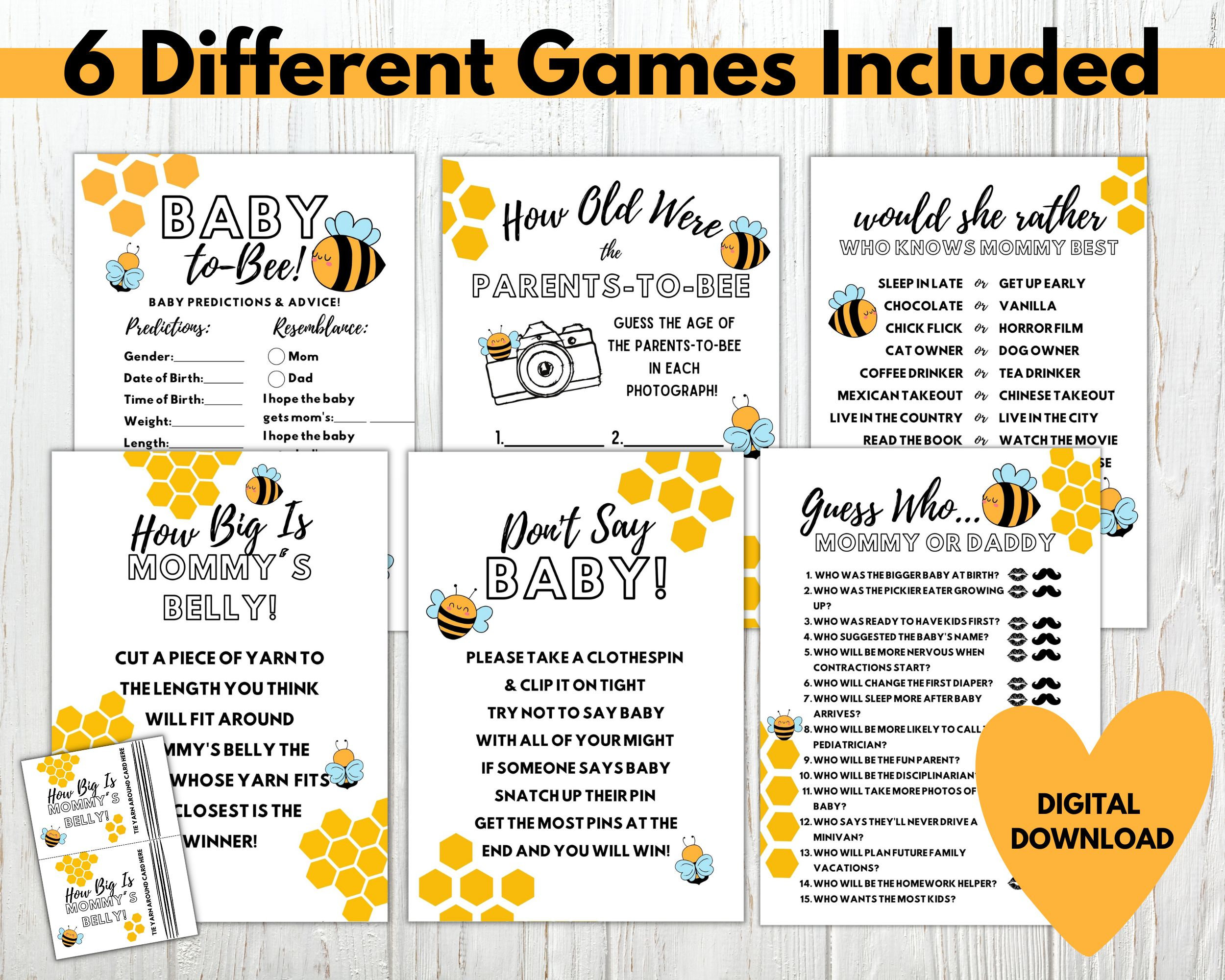 Bumble Bee Baby Shower Games Bundle, Printable Games, Digital Games