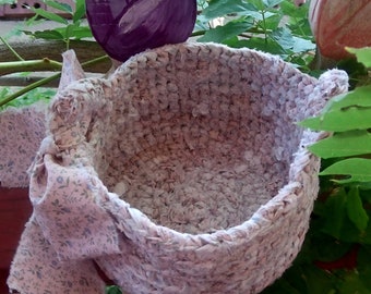 Crocheted light lavender fabric basket with 2 handles and a large fabric bow, gift, storage, organization, all cotton, hand made, kitchen