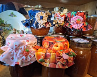 Handmade Mason Jar Toppper, Bonnet, or Top is reversible with cotton fabric.  Gift for anyone, jam jar decor, sour dough starter top.