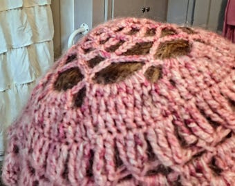 PINK tweed colored crocheted hat with merino yarn & mohair/silk yarn.  Hat top is partially open with a lace look.  Lace pannel.