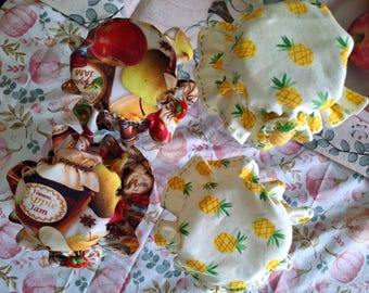 A reversible Mason Jar Toppper, Jar Bonnet, Jar Top, hand made with cotton fabric.  Gift for anyone, jam jar decor, sour dough starter top.