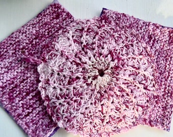 3 Potholders or Hotpads crocheted and knitted with raspberry-purple and white cotton yarn, hand made, gift, mother, father,