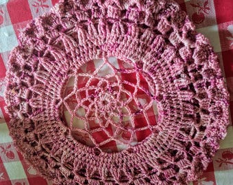 PINK tweed colored crocheted hat with merino wool yarn.  The top is partially open with a lace look.  A lace pannel is on the side.  Gift