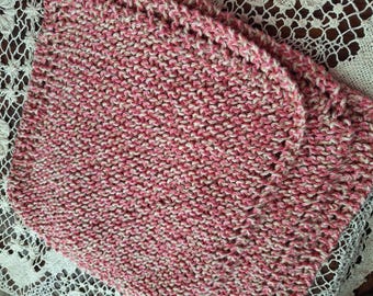 Set of 3 dishcloth knitted from cotton yarn.  Cute little buttons are in the corner by the loop.  Beige and pink yarn.  Handmade.  Available