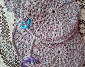 3 crochet potholders or hotpads and 1 knitted dishcloth, made of mostly gray yarn with small flecks of colors, hand made, gift