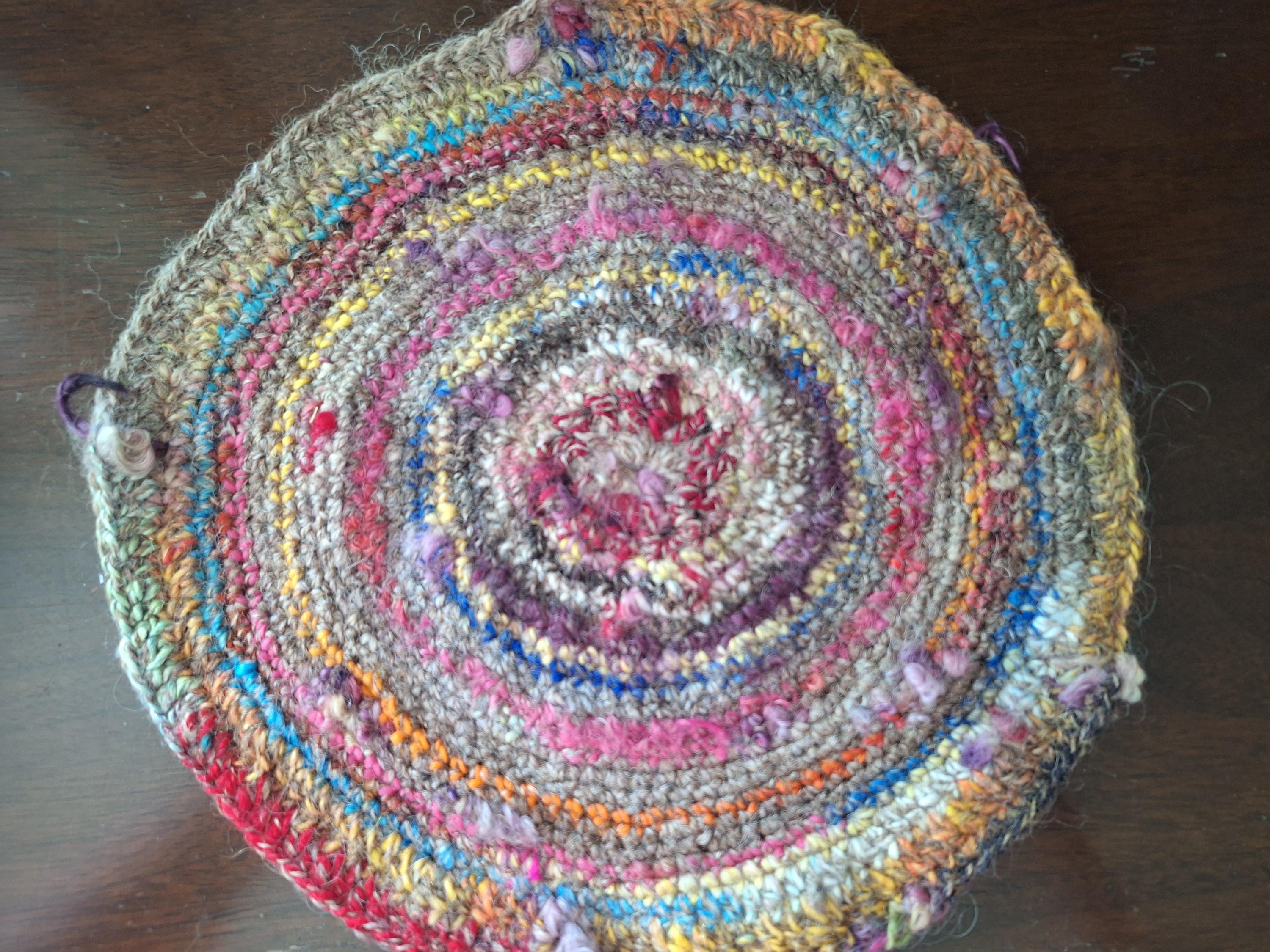 9.5" Multi-colored Trivet crocheted in the round with, brightly colored and gray hand-spun wool  made by hand, gift, kitchen.