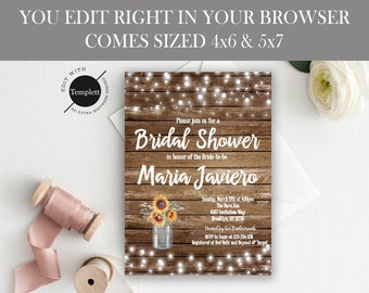 Rustic Bridal Shower Invitation, Rustic Bridal Shower Invitation Template, Sunflower, Rustic Wedding Shower Invite, Printable Invitation DIY