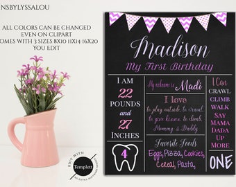 First Birthday Chalkboard Sign, Birthday Chalkboard Template, You Edit, DIY, Template, Birthday Chalkboard, Digital, Printable, 1st Birthday