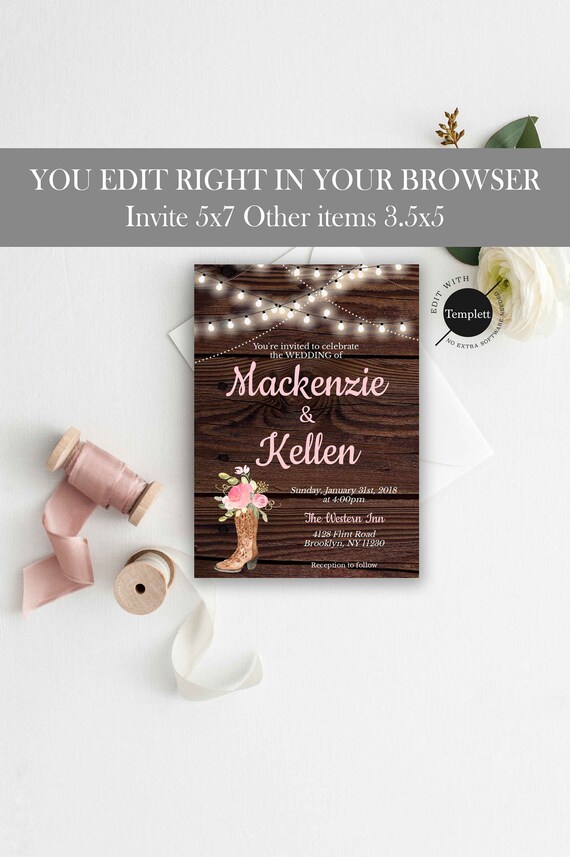 Rustic Country Pink Boot Wedding Invitation Template Western Etsy