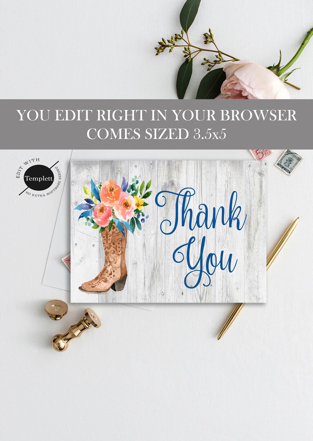 Rustic Thank You Card Template Rustic Western Boot Vintage - Etsy