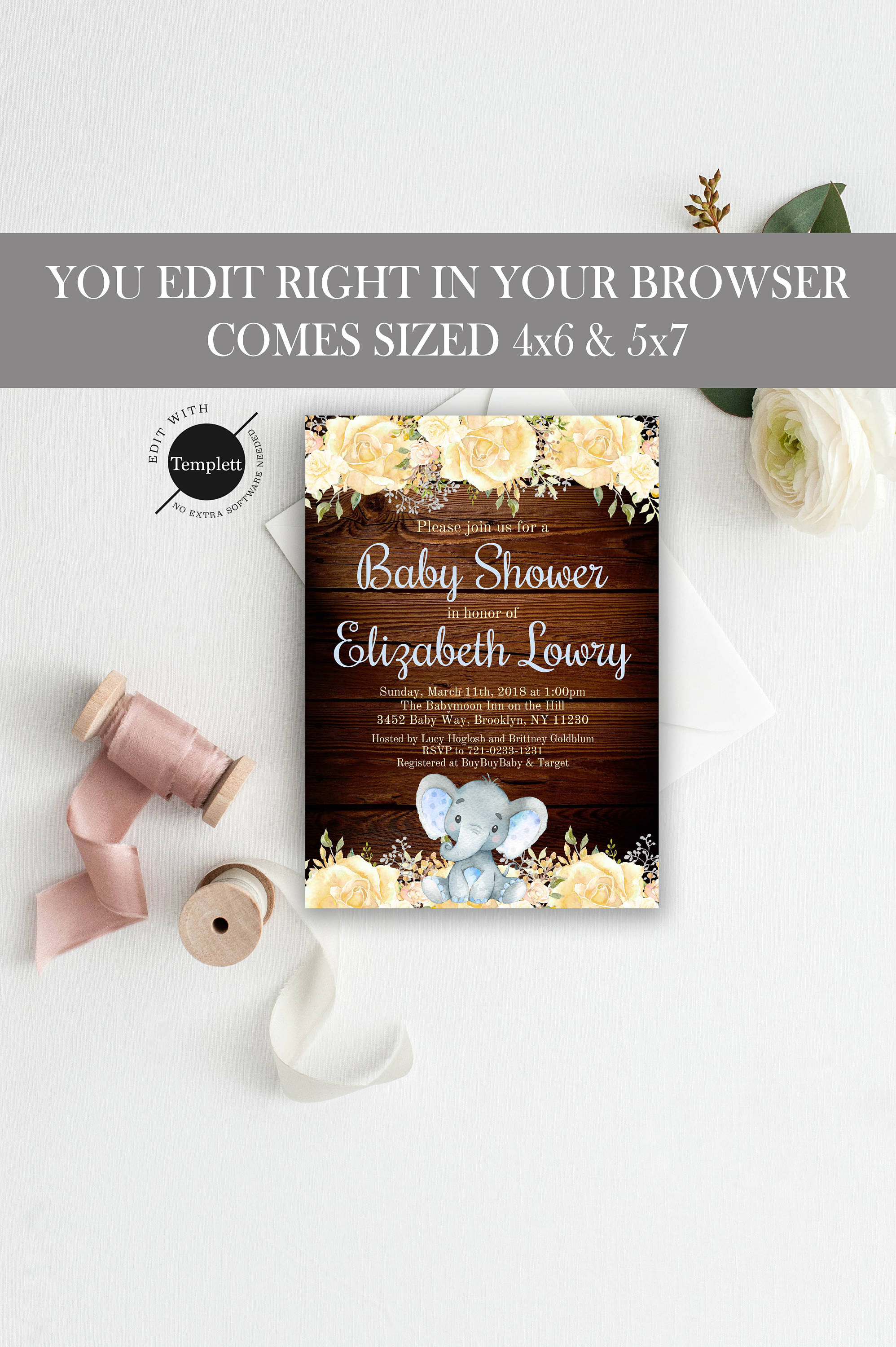 Elephant Baby Shower Invitation Template Boy Elephant Baby Shower Invitation Rustic Floral Elephant Baby Shower Invitation