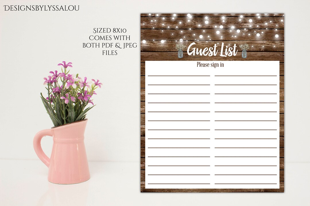 Rustic Guest List Printable, Bridal Shower Guest List, Baby Shower ...