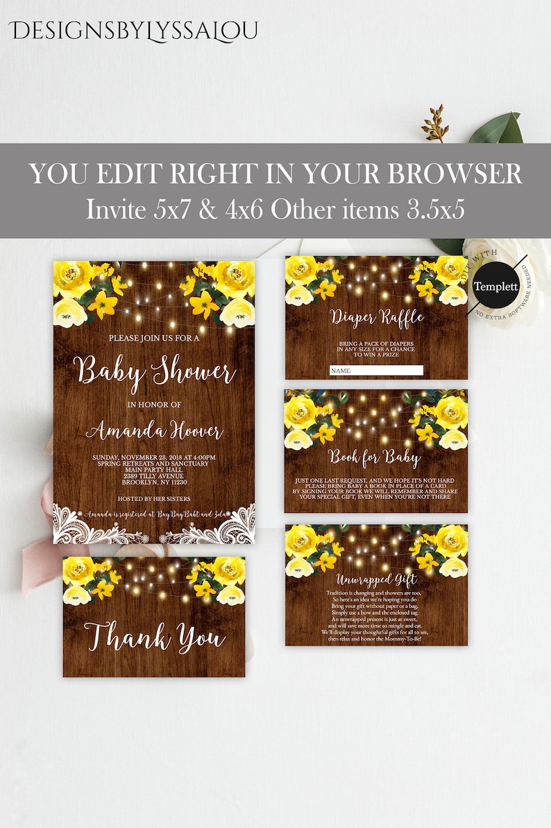 Floral Yellow Rustic Boho Vintage Country Gender Neutral Baby Shower Invitation Package Template,DIY Baby Shower Invitation,Instant Download