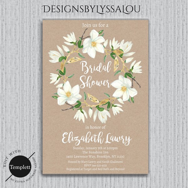 Bridal Shower Invitation Template, Floral Bridal Shower Invitation, Rustic Bridal Shower Invitation, Template, Invitation Template, You Edit