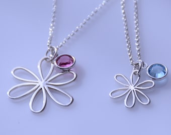 Mother Daughter Necklace Set, Mommy and Me Jewelry, Flower and Birthstone or Pearl Charm Necklace-Sterling Silver