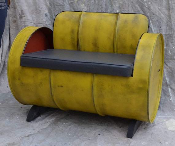 Industrial Furniture Barrel Chair Distressed Yellow W Gray Etsy