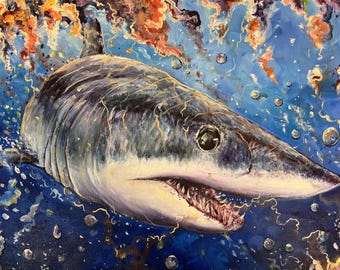 アオザメの絵画：オリジナルアクリルキャンバスアート（50 cm x 50 cm