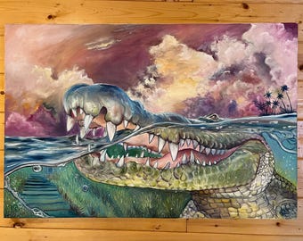 ワニの油絵、水生動物の油絵、ジャングルの緑の動物の絵、空と水と山の